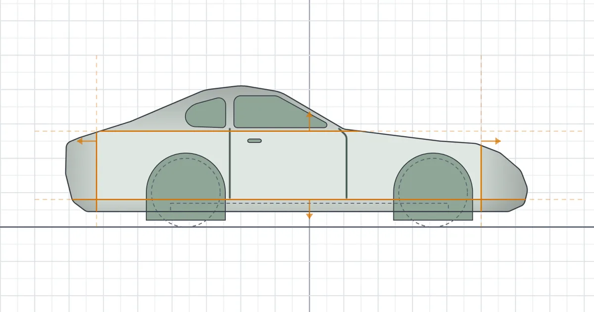 Návrh auta s 911 nakreslenou z boku - silueta na mřížce, oranžové linky zkosení se šipkami, okna, dveře a podběhy