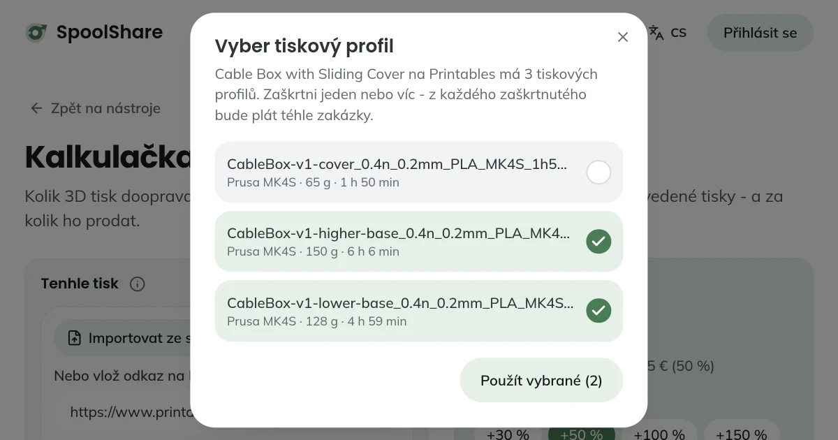 Kalkulačka SpoolShare s dialogem Vyber tiskový profil - tři profily z Printables, dva zaškrtnuté, dole tlačítko Použít vybrané