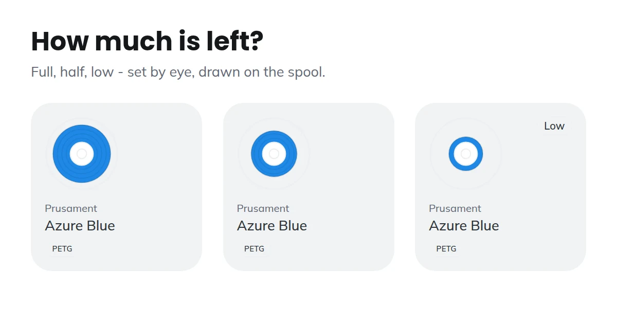 Three spool cards in SpoolShare - the same blue filament drawn full, half and low, the winding shrinking towards the hub