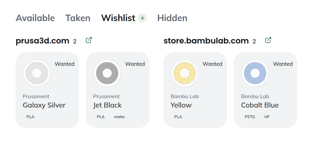 The SpoolShare wishlist tab - spools drawn as dashed outlines, grouped under the shop they come from